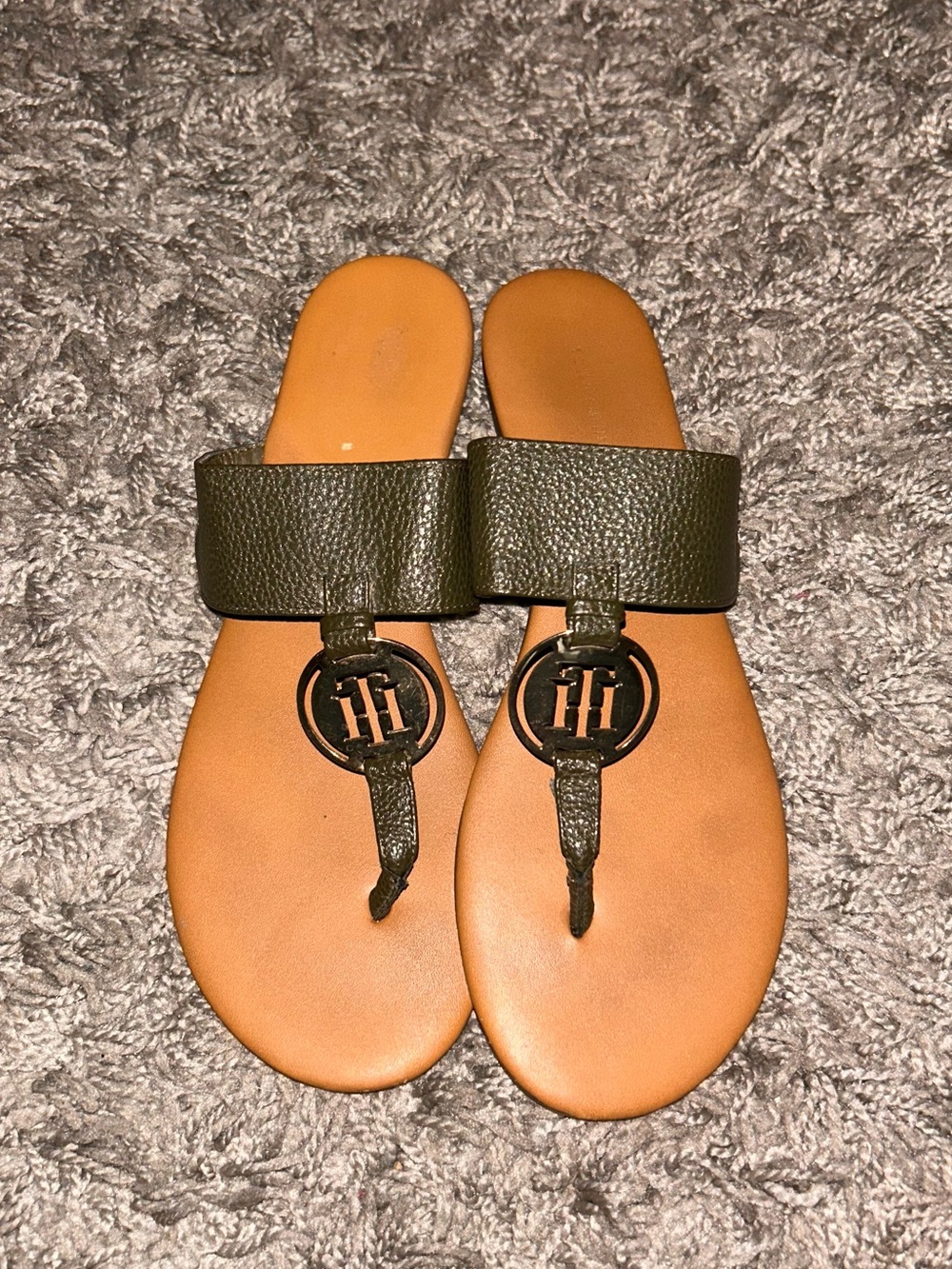 Tommy Hilfiger Olive Green Leather Logo Toe-Post Sandals
